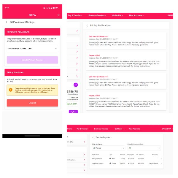 Picture showing the Bill Pay Account Settings, Notifications and Pending Payments screens.