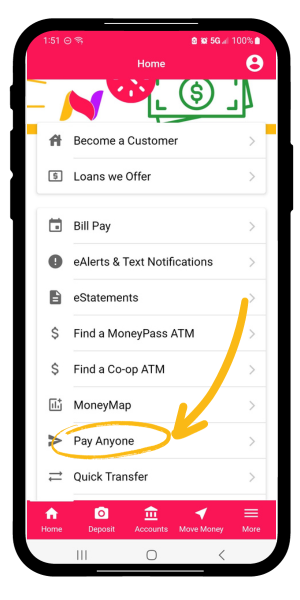 Picture showing where to find the Pay Anyone button on Nugget mobile app home page