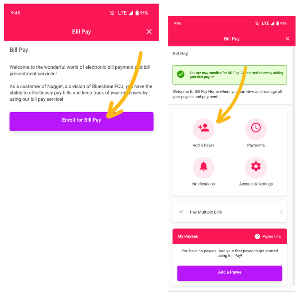 Picture showing where to find the Enroll Now for Bill Pay button and the Add a Payee button. 