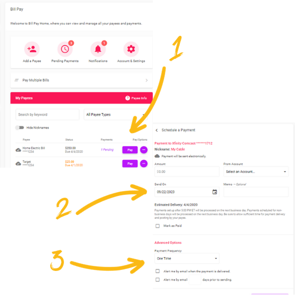 Picture showing where to find the Pay button, what the Schedule a Payment screen looks like and Payment Frequency field.