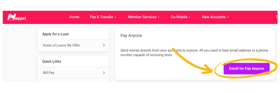 Picture of Nugget website page for enrolling in Pay Anyone