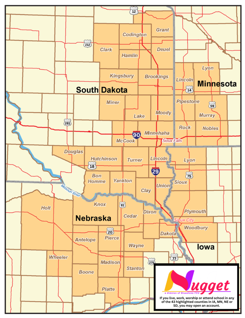 map of Nugget's field of membership. County list below. 