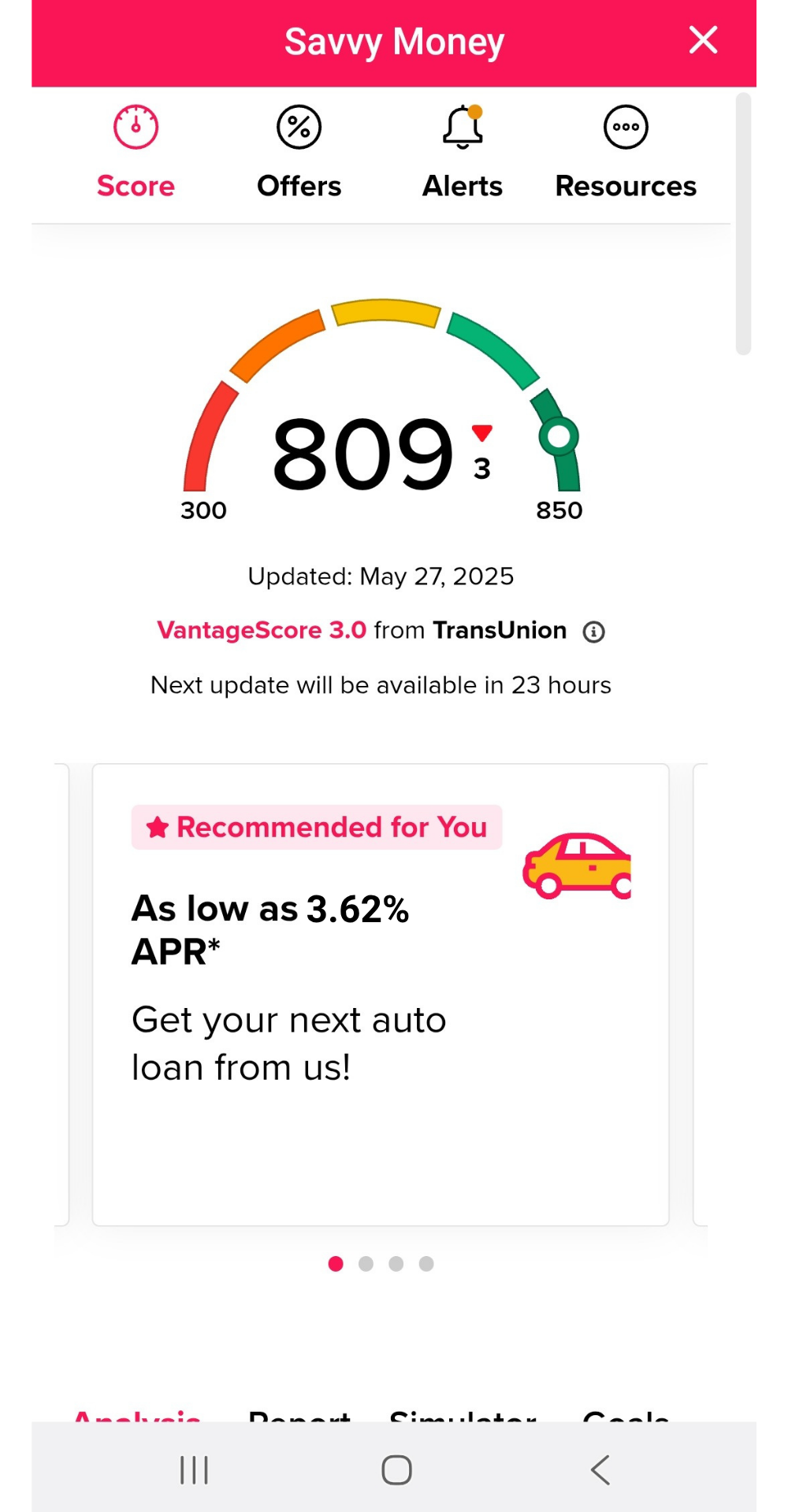 A mobile app screen titled "Savvy Money" showing a credit score of 809. The score is displayed on a gauge ranging from 300 to 850, with 809 falling in the green excellent range. Below the score, it states "Updated: May 27, 2025" and "VantageScore 3.0 from TransUnion." An offer is visible for an auto loan with an APR as low as 3.62%.